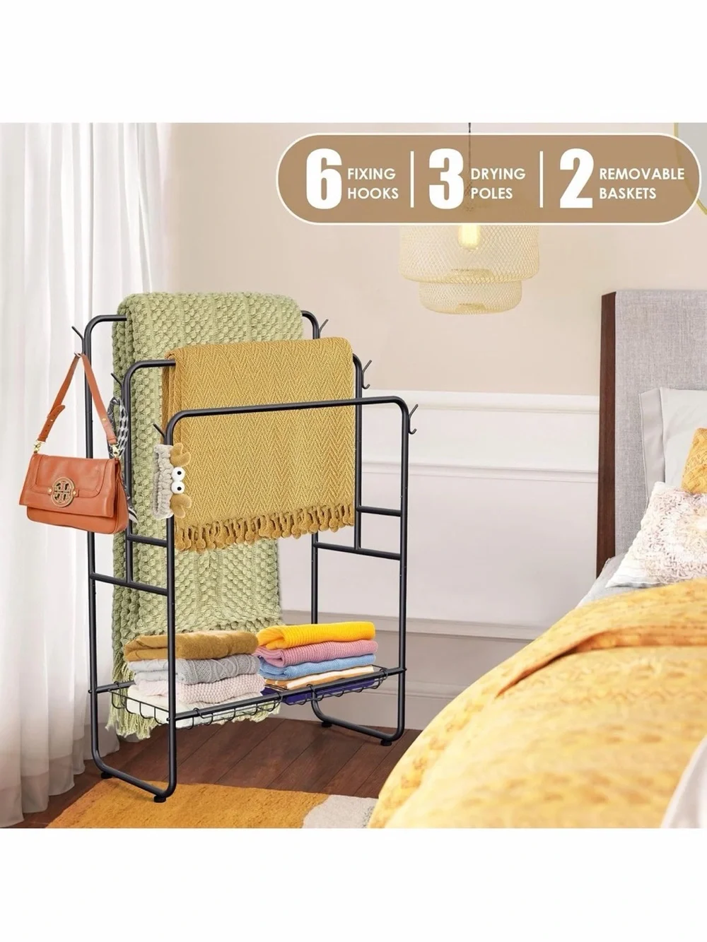 Black 40'' Freestanding 3 Tier Metal Towel Rack, 2 Baskets & 6 Hooks🪝
